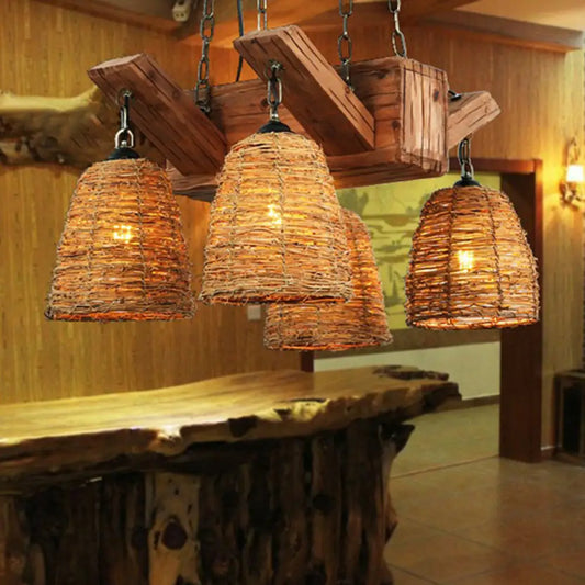 Industrial Rattan Pendant Light for Dining Room - Bell Shade Chandelier Fixture