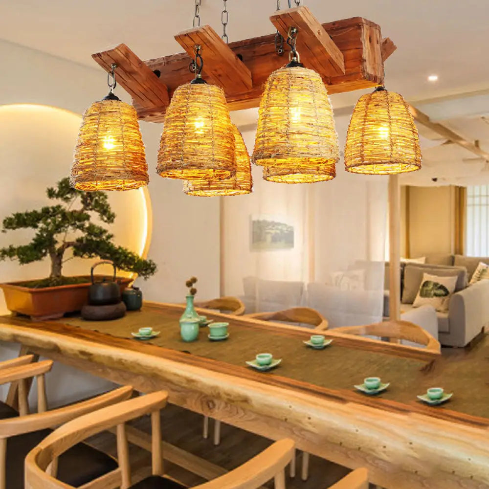 Industrial Rattan Pendant Light for Dining Room - Bell Shade Chandelier Fixture