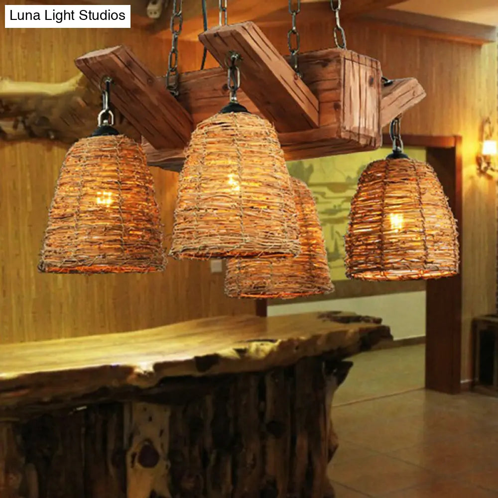 Industrial Rattan Pendant Light for Dining Room - Bell Shade Chandelier Fixture