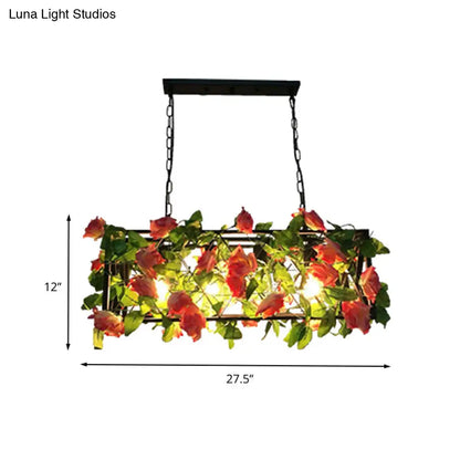 DecorBites™ Industrial Rectangular Metal Black Island Pendant Light with 4 Bulbs and LED Ceiling Suspension