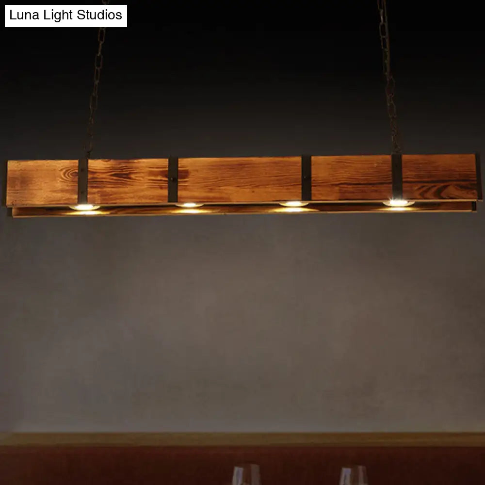 DecorBites™ Industrial Rectangular Wooden Island Ceiling Light with 4 Lights and Metal Chain - Brown Finish