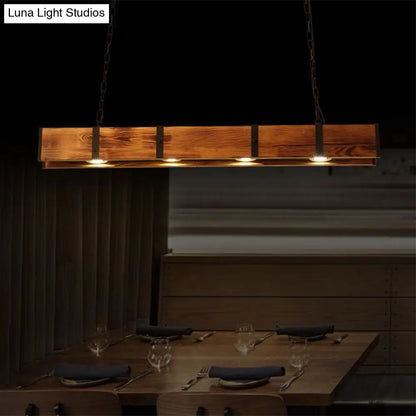 DecorBites™ Industrial Rectangular Wooden Island Ceiling Light with 4 Lights and Metal Chain - Brown Finish