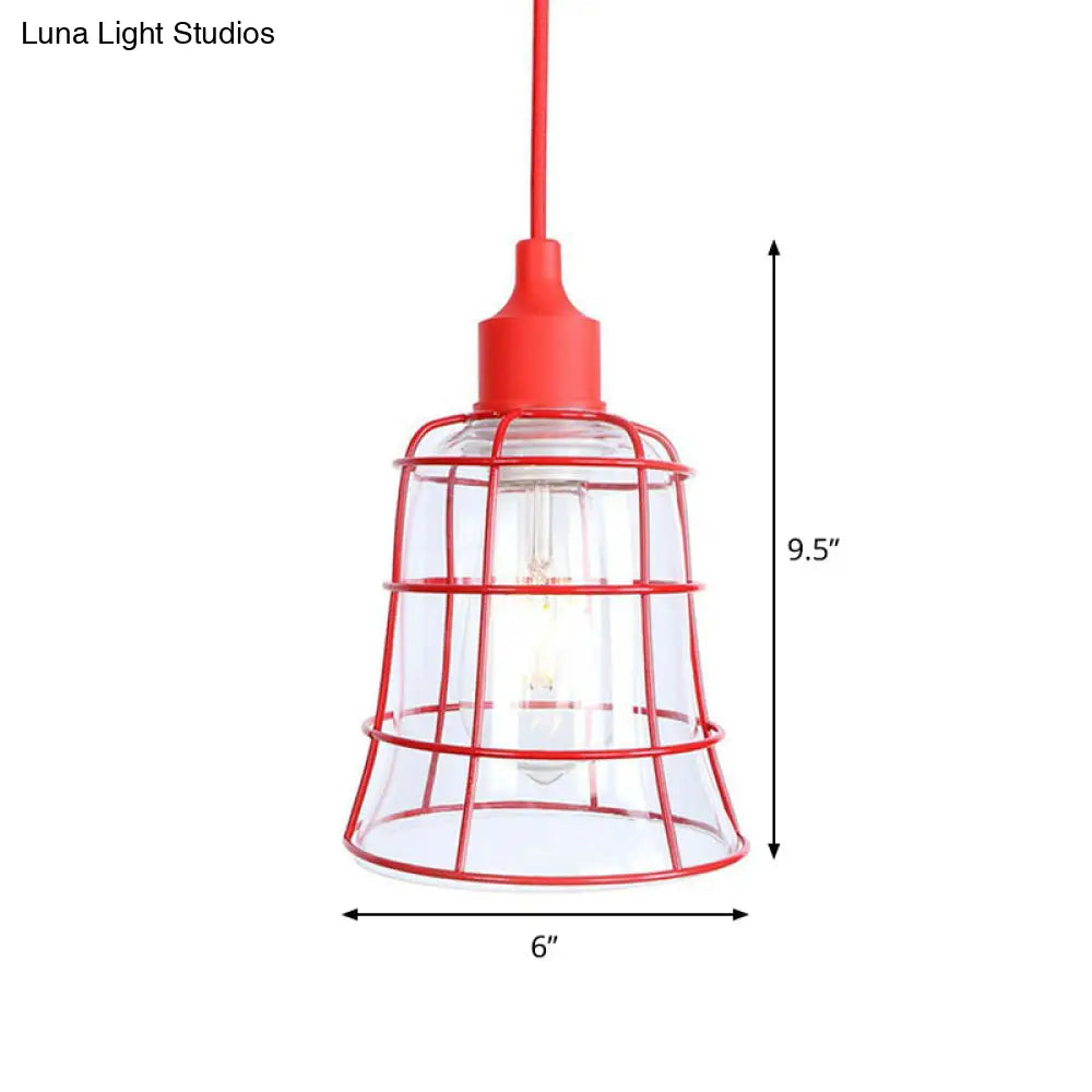 Industrial Red Iron Hanging Lamp Kit - Single Tapered/Cage/Flared Ceiling Pendant Light for Living Room