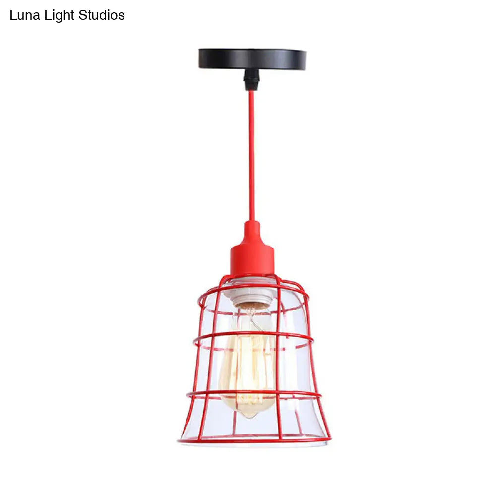 Industrial Red Iron Hanging Lamp Kit - Single Tapered/Cage/Flared Ceiling Pendant Light for Living Room