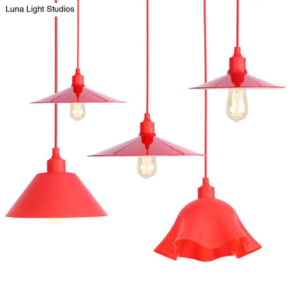 Industrial Red Iron Hanging Lamp Kit - Single Tapered/Cage/Flared Ceiling Pendant Light for Living Room