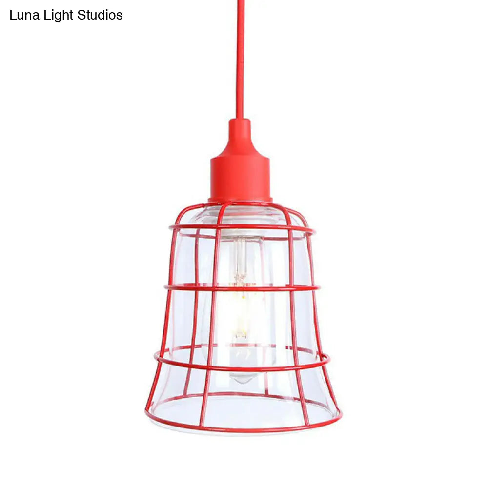 Industrial Red Iron Hanging Lamp Kit - Single Tapered/Cage/Flared Ceiling Pendant Light for Living Room