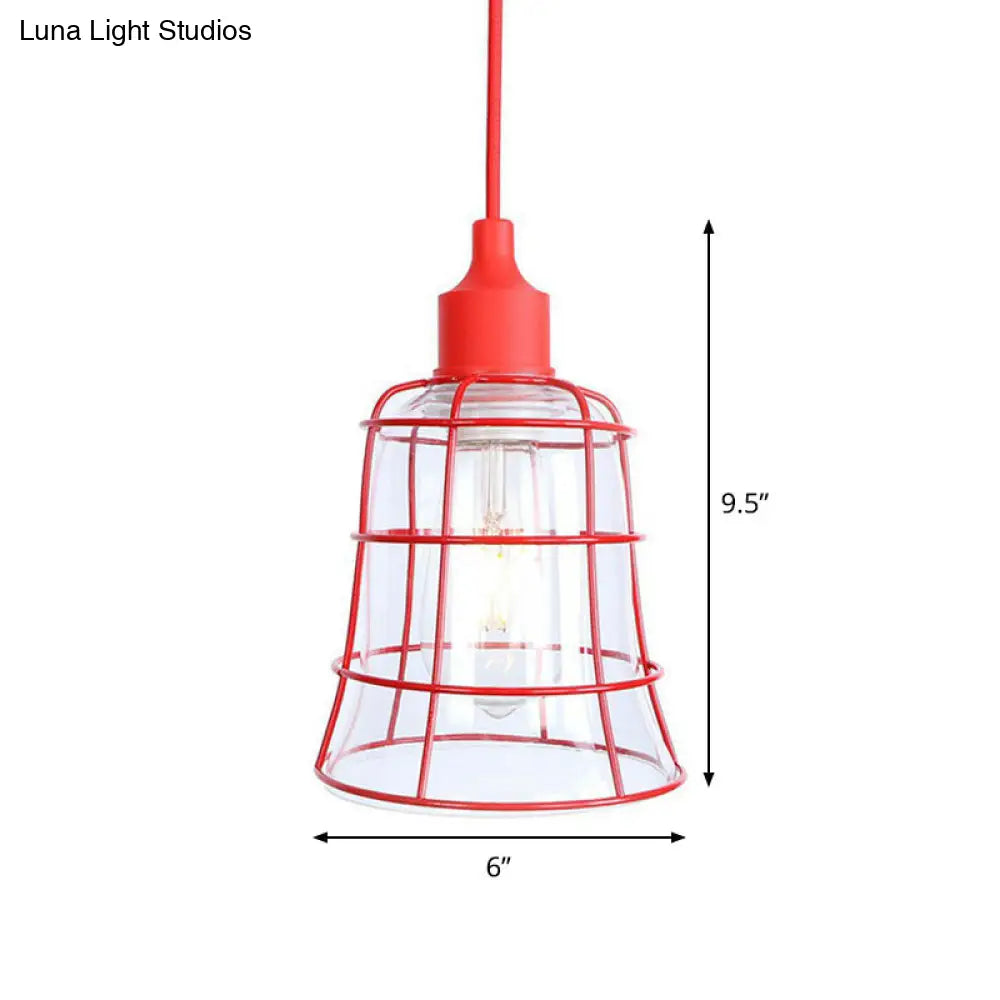 Industrial Red Iron Hanging Lamp Kit - Single Tapered/Cage/Flared Ceiling Pendant Light for Living Room