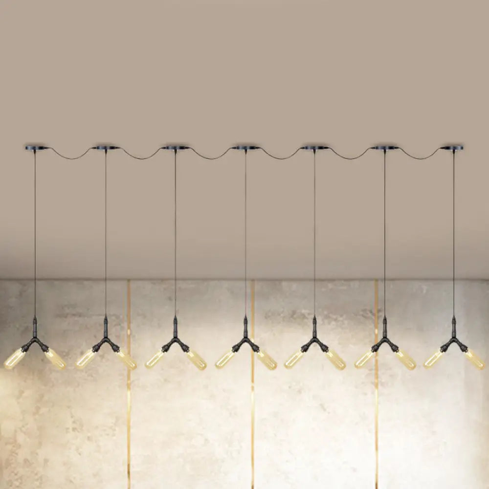 Industrial Restaurant Ceiling Light with Multi Bulbs: Tandem Pendant Lamp in Black with Colored Glass Shades