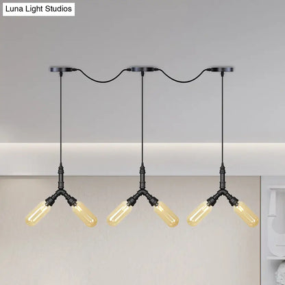 Industrial Restaurant Ceiling Light with Multi Bulbs: Tandem Pendant Lamp in Black with Colored Glass Shades