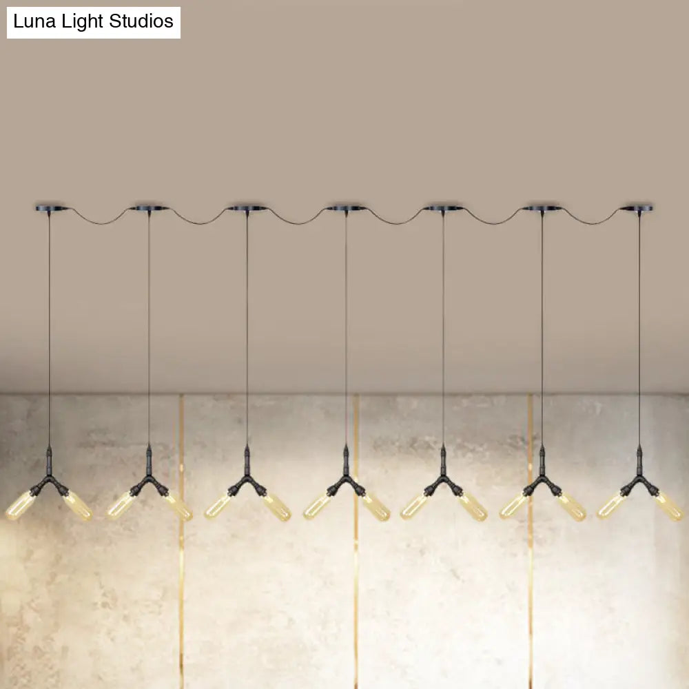 Industrial Restaurant Ceiling Light with Multi Bulbs: Tandem Pendant Lamp in Black with Colored Glass Shades