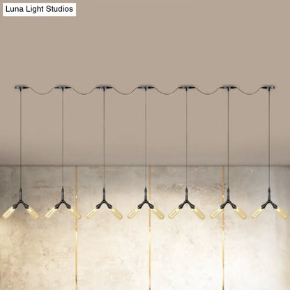 Industrial Restaurant Ceiling Light with Multi Bulbs: Tandem Pendant Lamp in Black with Colored Glass Shades