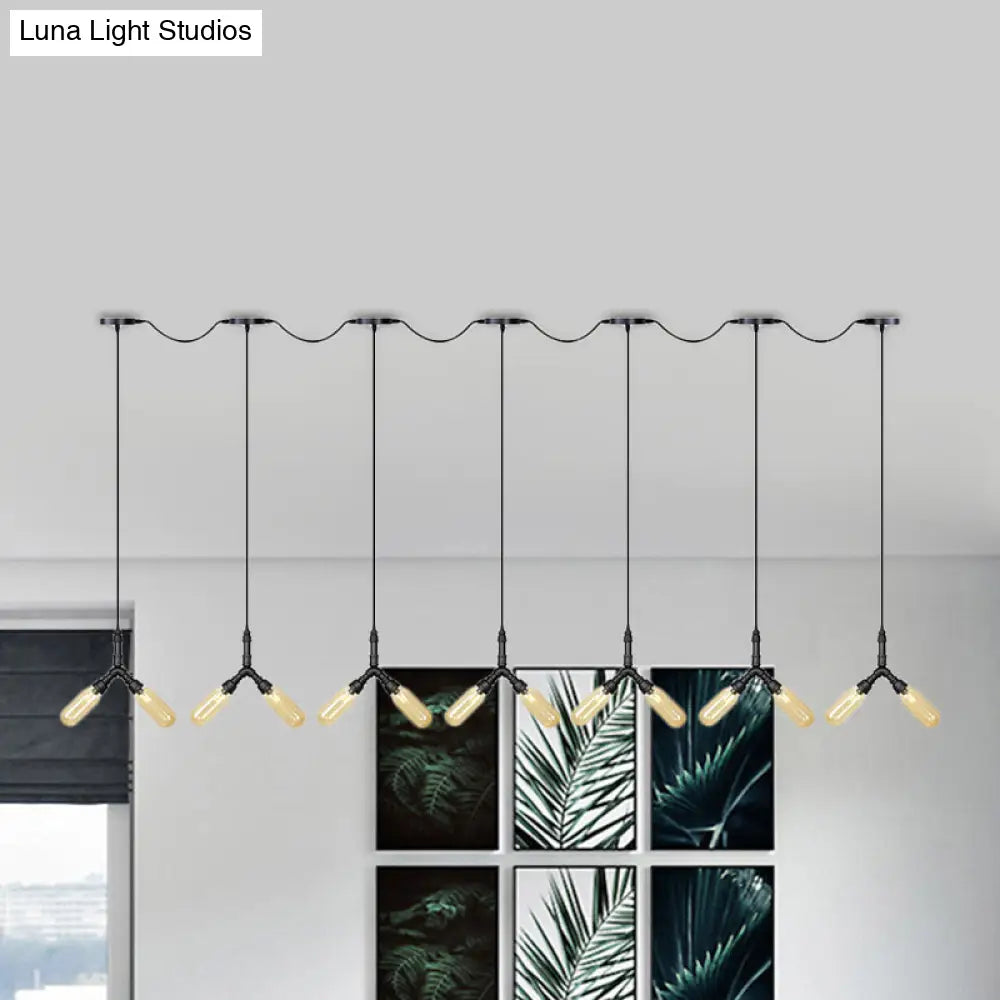 Industrial Restaurant Ceiling Light with Multi Bulbs: Tandem Pendant Lamp in Black with Colored Glass Shades