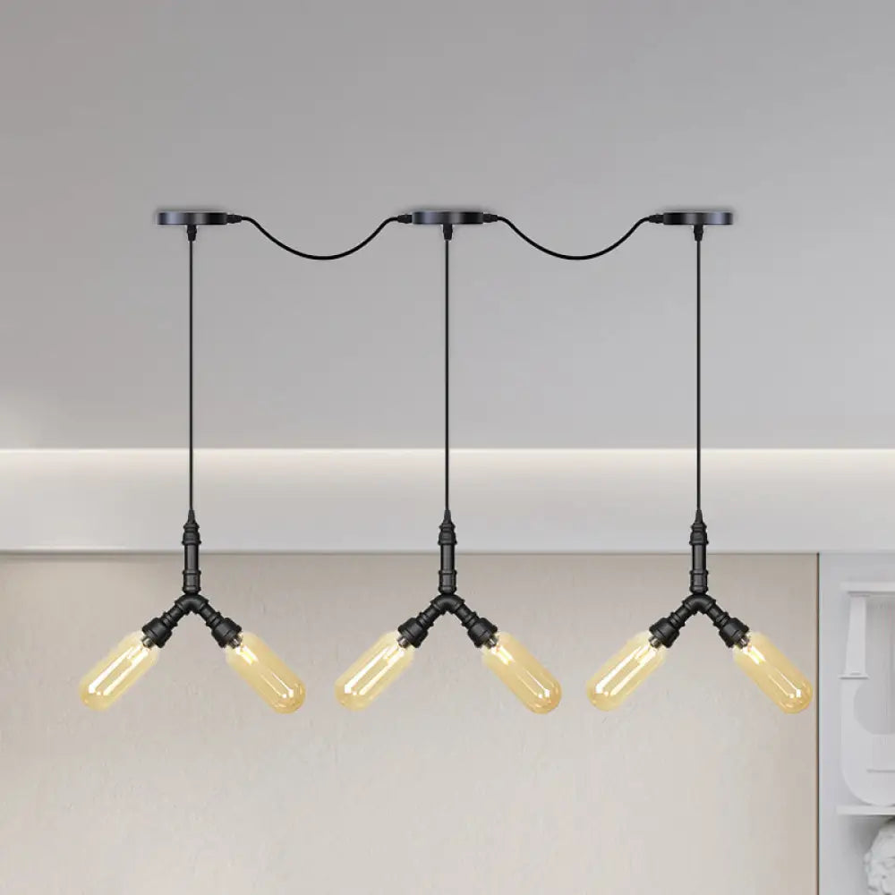 Industrial Restaurant Ceiling Light with Multi Bulbs: Tandem Pendant Lamp in Black with Colored Glass Shades