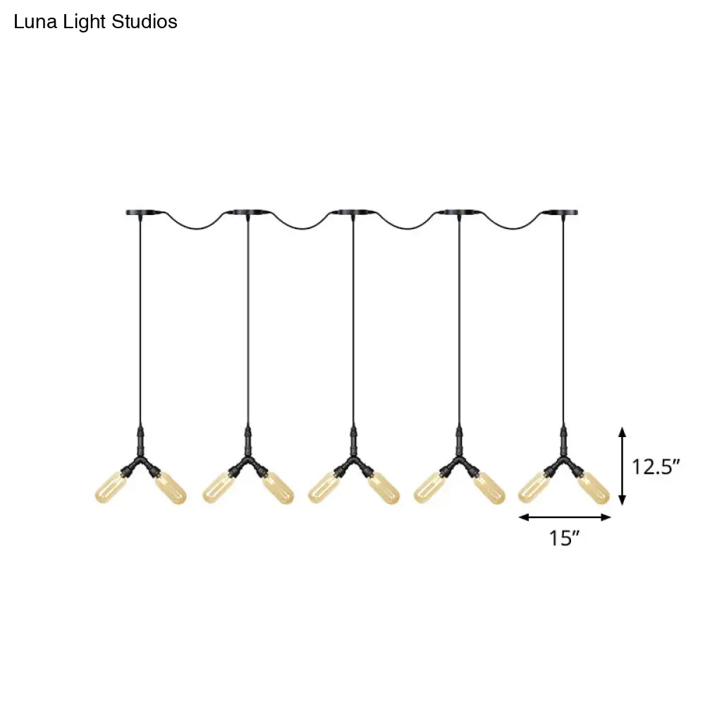 Industrial Restaurant Ceiling Light with Multi Bulbs: Tandem Pendant Lamp in Black with Colored Glass Shades