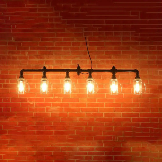 DecorBites™ Industrial Restaurant Island Ceiling Light - 6 Bulbs Suspended with Pipe and Beer Mug Glass Shade (Black)