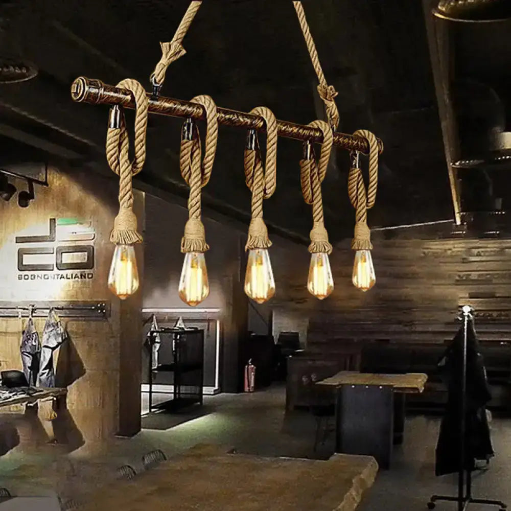 Decorbites adjustable rope exposed island light with five light yellow edison bulbs and natural rope suspension