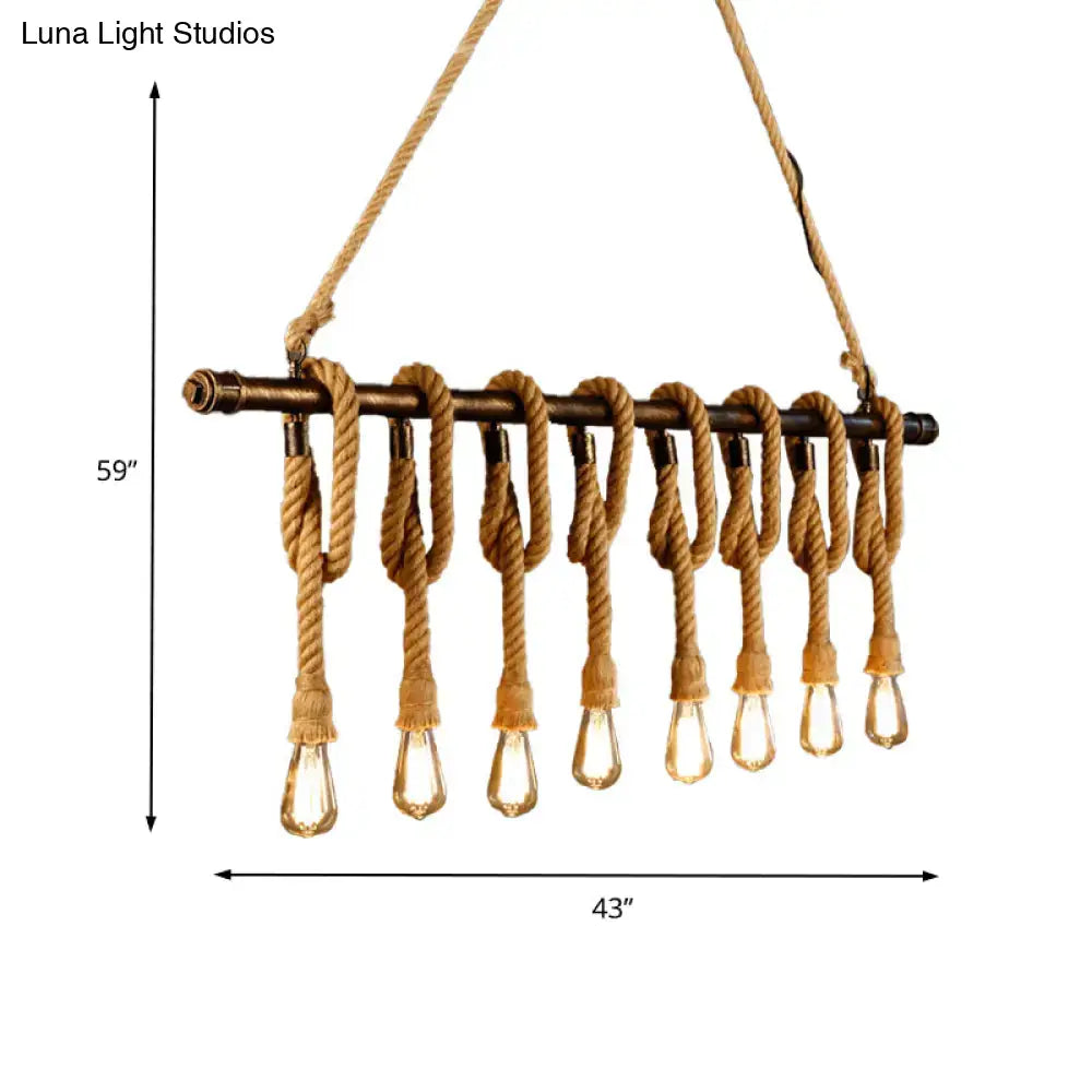Rustic industrial chandelier with dark bronze pipe frame, adjustable rope exposed light yellow bulbs for island lighting