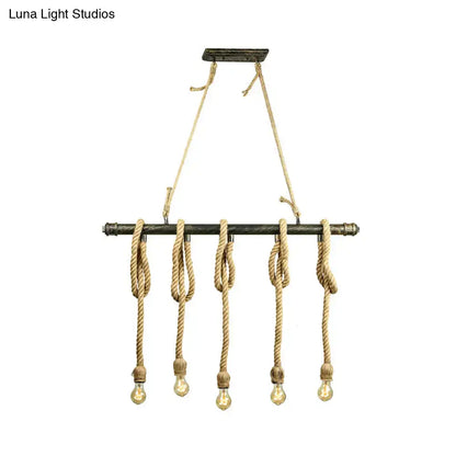 Rustic industrial style decorbites adjustable rope exposed island light with dark metal bar beige rope and light yellow edison bulbs