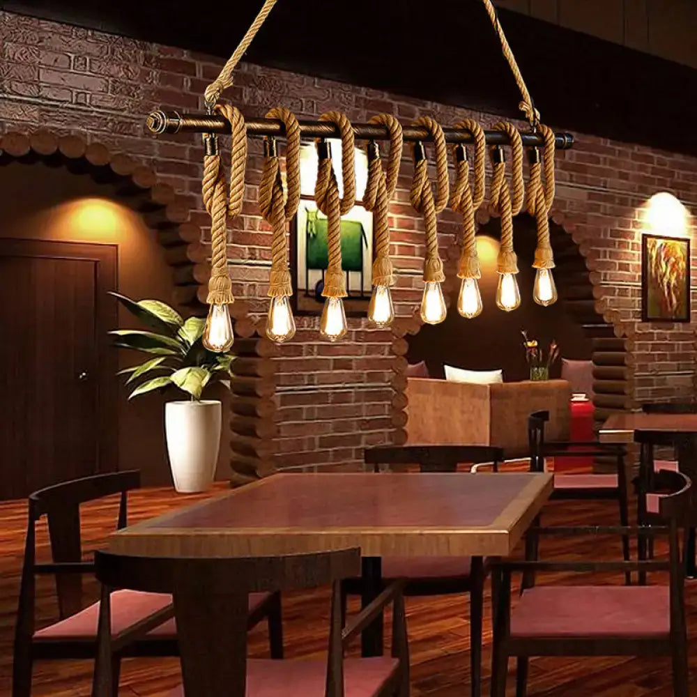 Decorbites™ adjustable rope exposed island light with beige rope suspenders dark metal frame and light yellow edison bulbs
