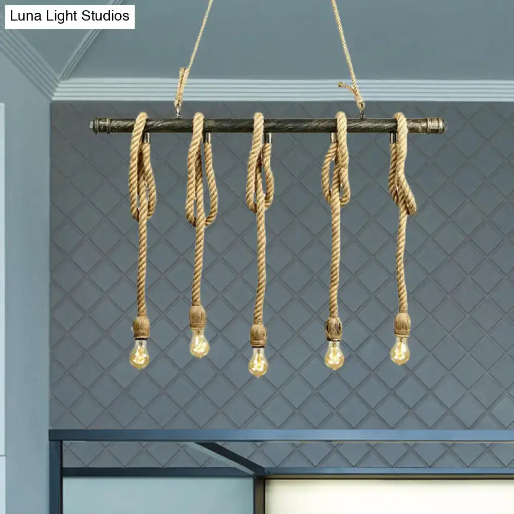 Decorbites adjustable rope exposed island light with dark metal pipe frame and light yellow natural fiber cords