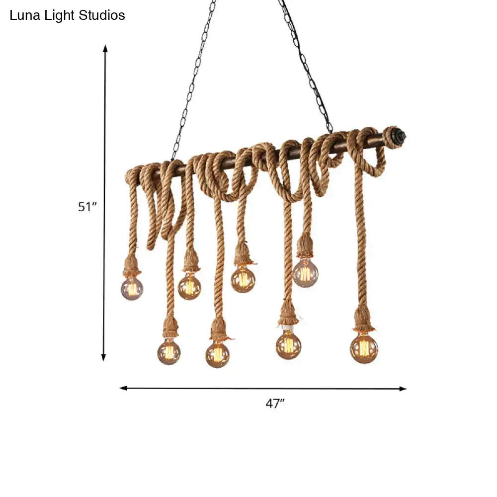 DecorBites adjustable rope exposed island light with light yellow Edison bulbs and rustic rope-wrapped metal chain suspension