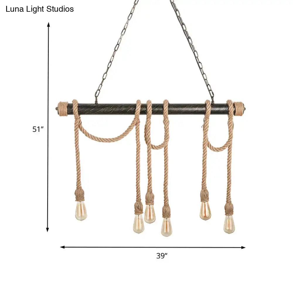 Decorbites adjustable rope exposed island light with light yellow edison bulbs dark metal bar and natural twine ropes
