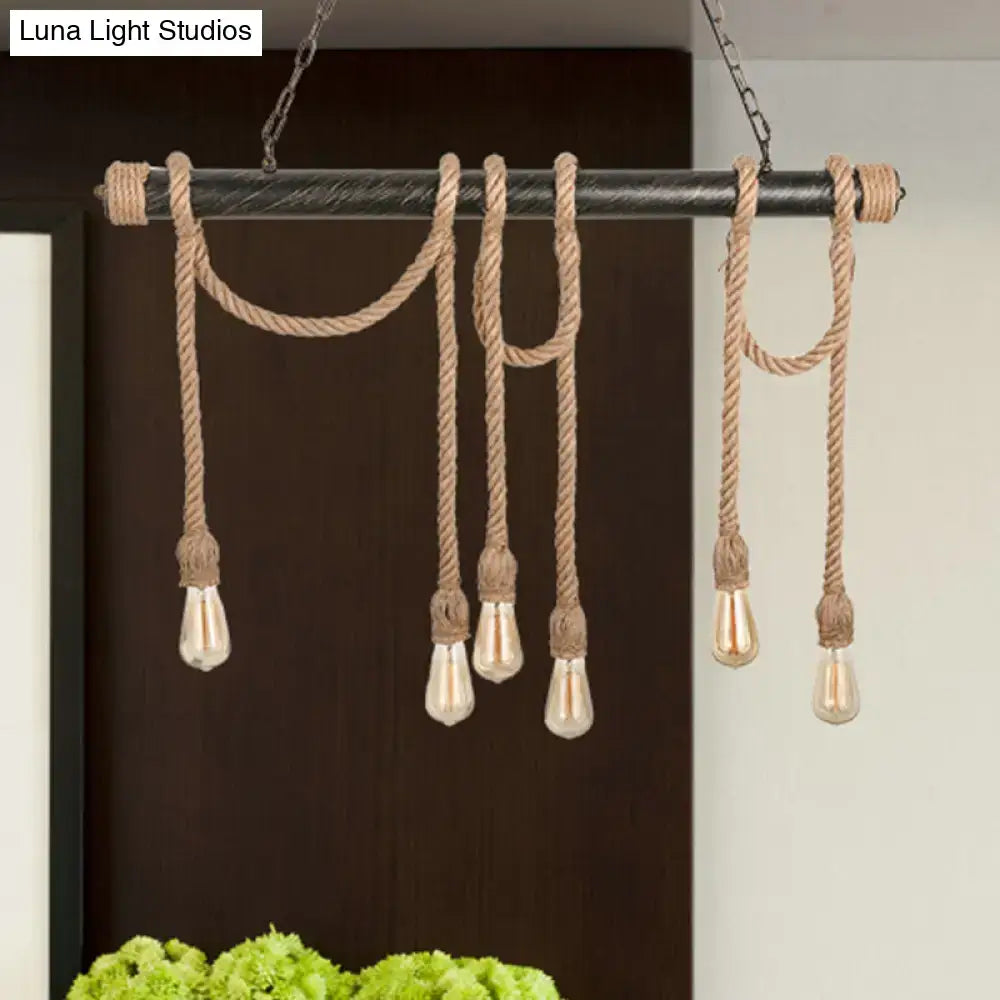 Decorbites adjustable rope exposed island light with dark metal bar beige rope cords and light yellow filament bulbs