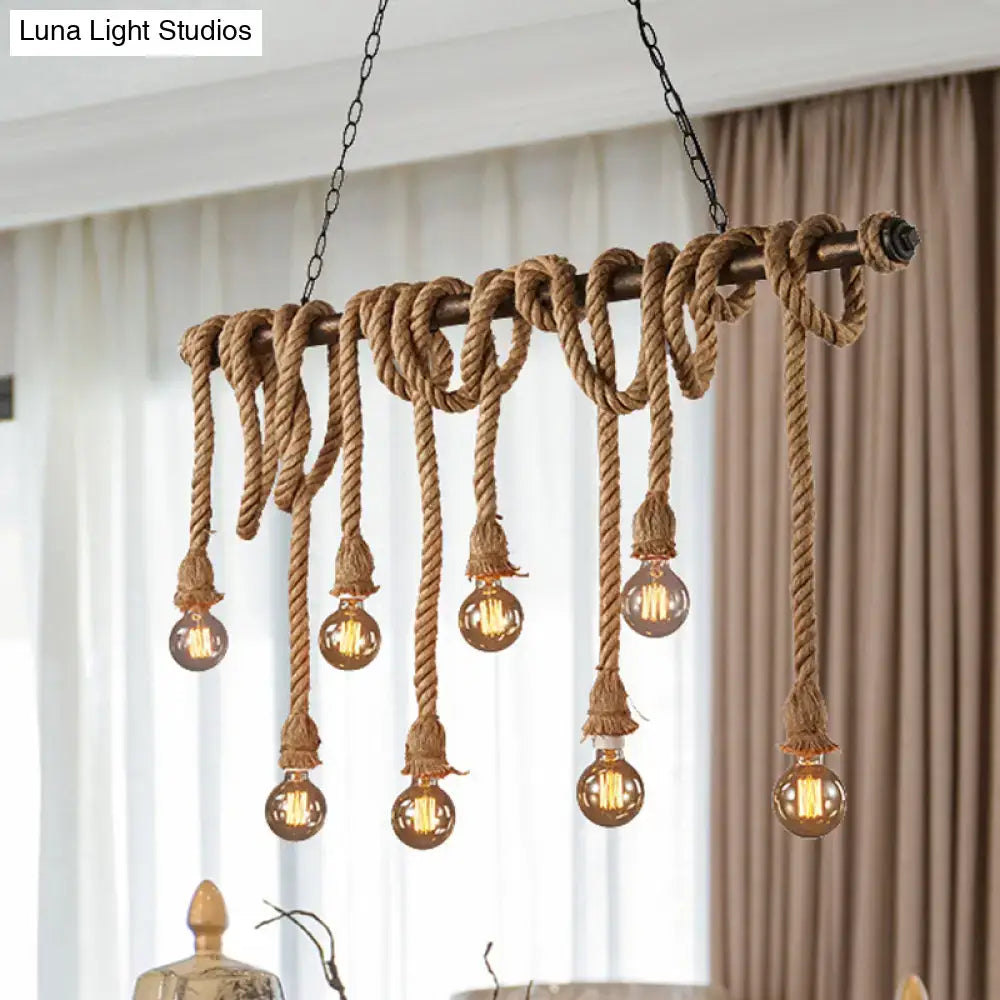 DecorBites adjustable rope exposed industrial chandelier with multiple light yellow filament bulbs for island lighting