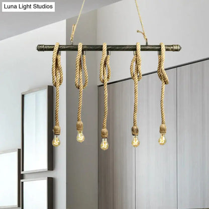 DecorBites adjustable rope exposed island light with dark metal bar beige rope and light yellow vintage bulbs