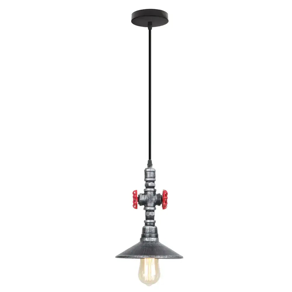 Industrial retro black and bronze pendant light fixture with black metal pipe, red valve handles, and vintage Edison bulb