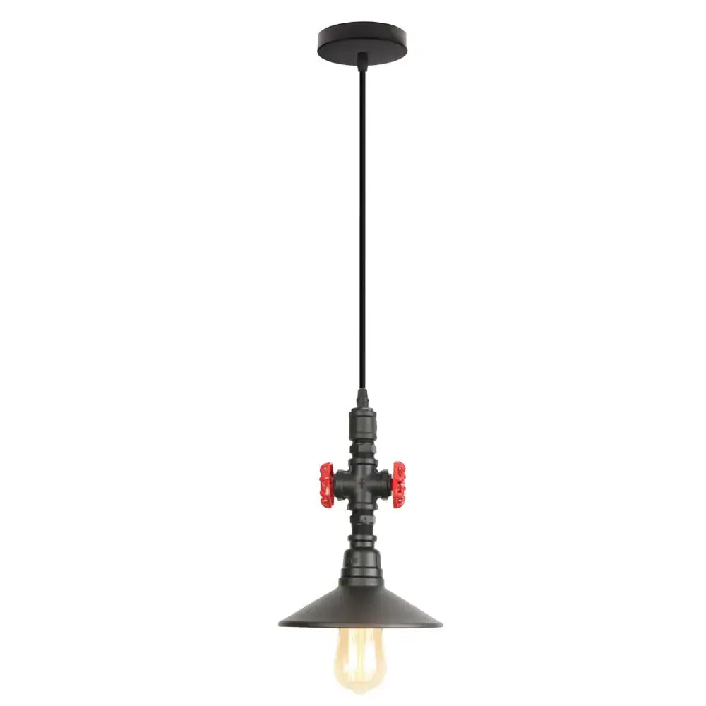 Industrial retro black and bronze pendant light fixture with red valve accents and vintage bulb for kitchen use