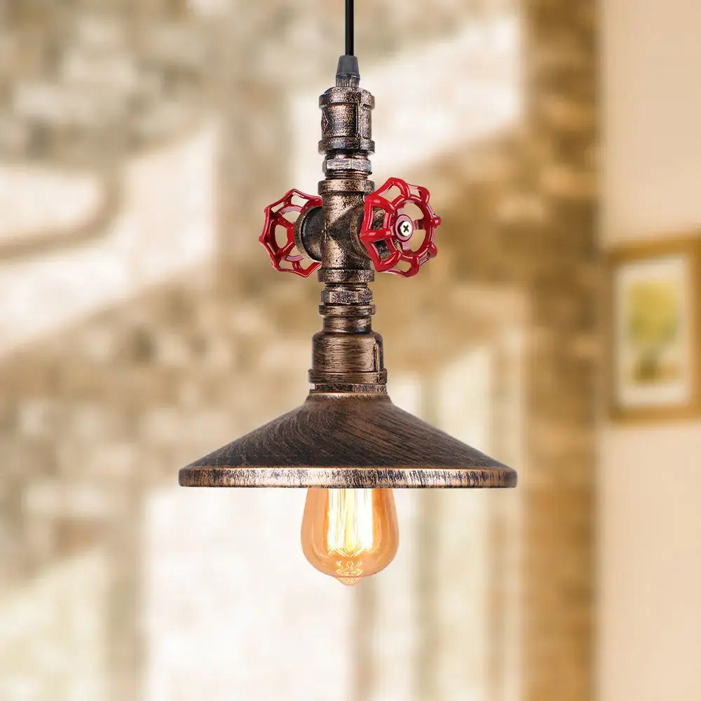 Industrial retro black and bronze pendant light fixture with bronze metal body, red valve handles, and exposed Edison bulb