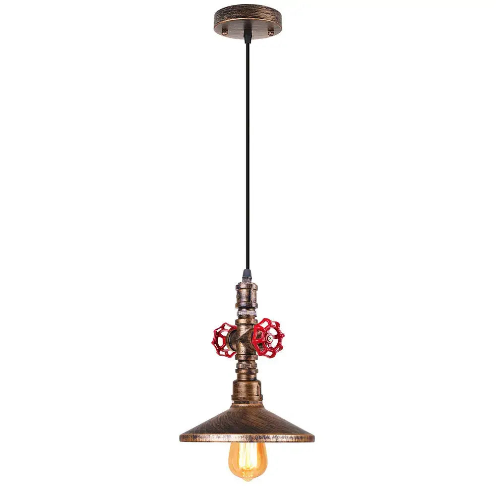 Industrial retro black and bronze pendant light fixture with bronze metal body red valve handles and exposed edison bulb