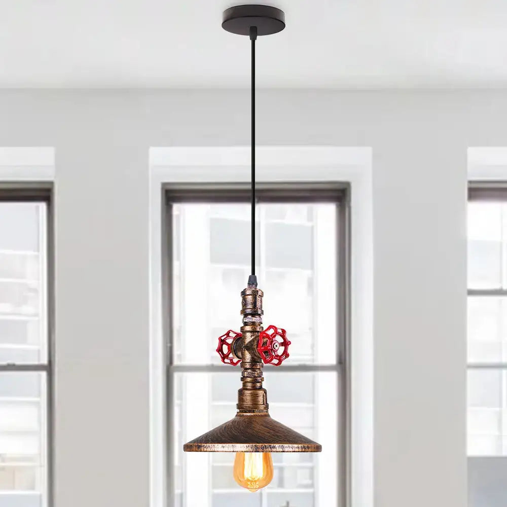 Industrial retro black and bronze pendant light fixture with brass pipe, red valve handles, and rustic wooden shade