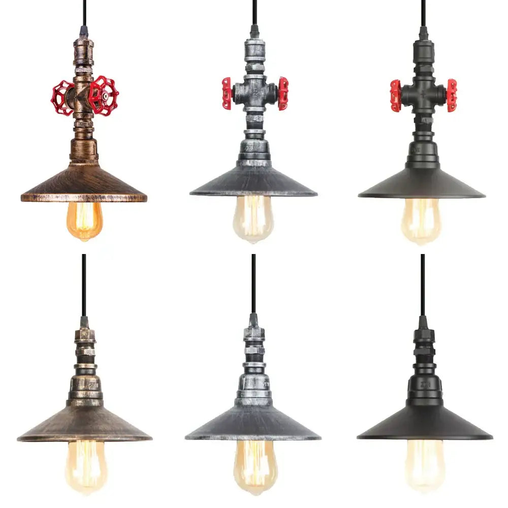 Industrial retro black and bronze pendant light fixture with vintage pipe design and red-handled valves for kitchen use