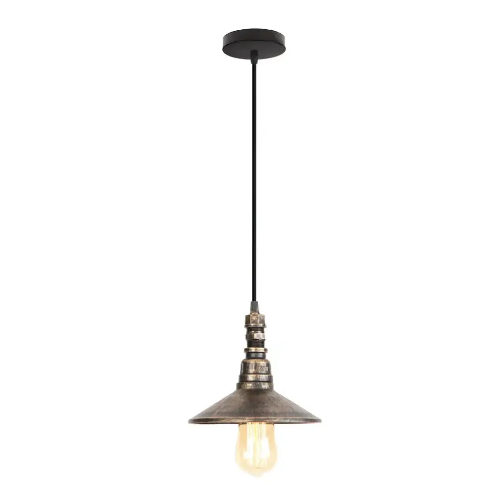 Industrial retro black and bronze pendant light fixture with dark distressed metal shade and black cord for kitchen use