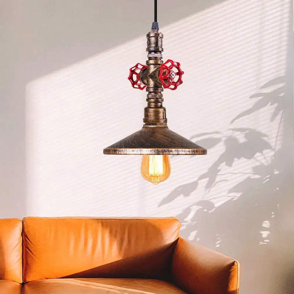 Industrial retro black and bronze pendant light fixture with brass pipe, red handwheels, and dark wood shade for kitchen use