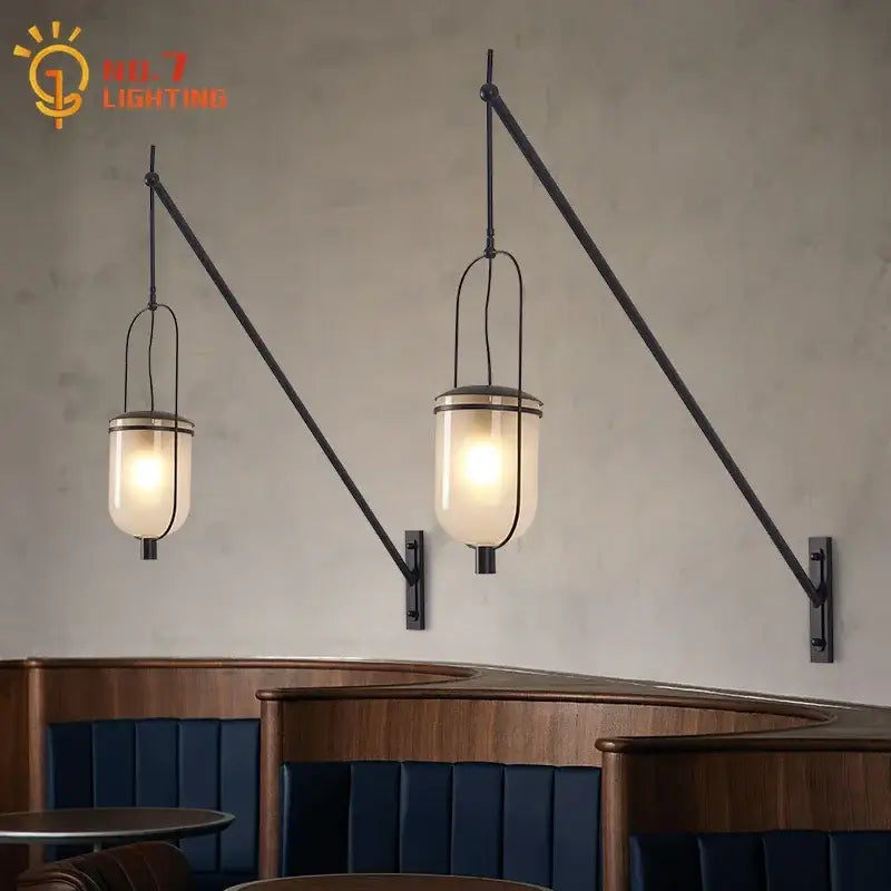 Industrial retro black led wall lamp with black metal arms and frosted glass shades for dining room lighting