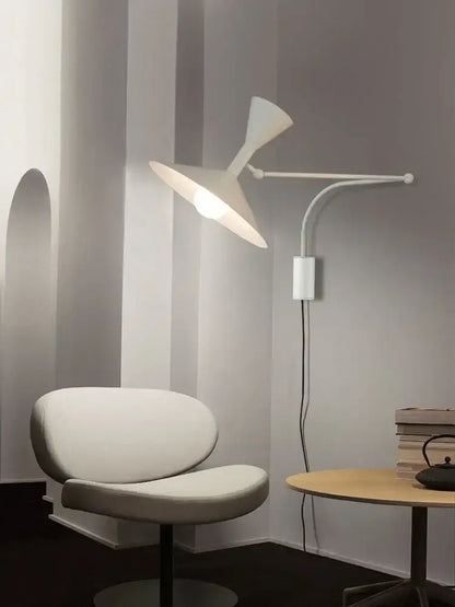 White minimalist wall lamp with curved arm and conical shade industrial retro swing arm wall lamp for bedroom light