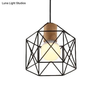 Industrial Retro Hanging Fixture - 1 Head Metal/Wood Ceiling Light with Cage Shade, Black