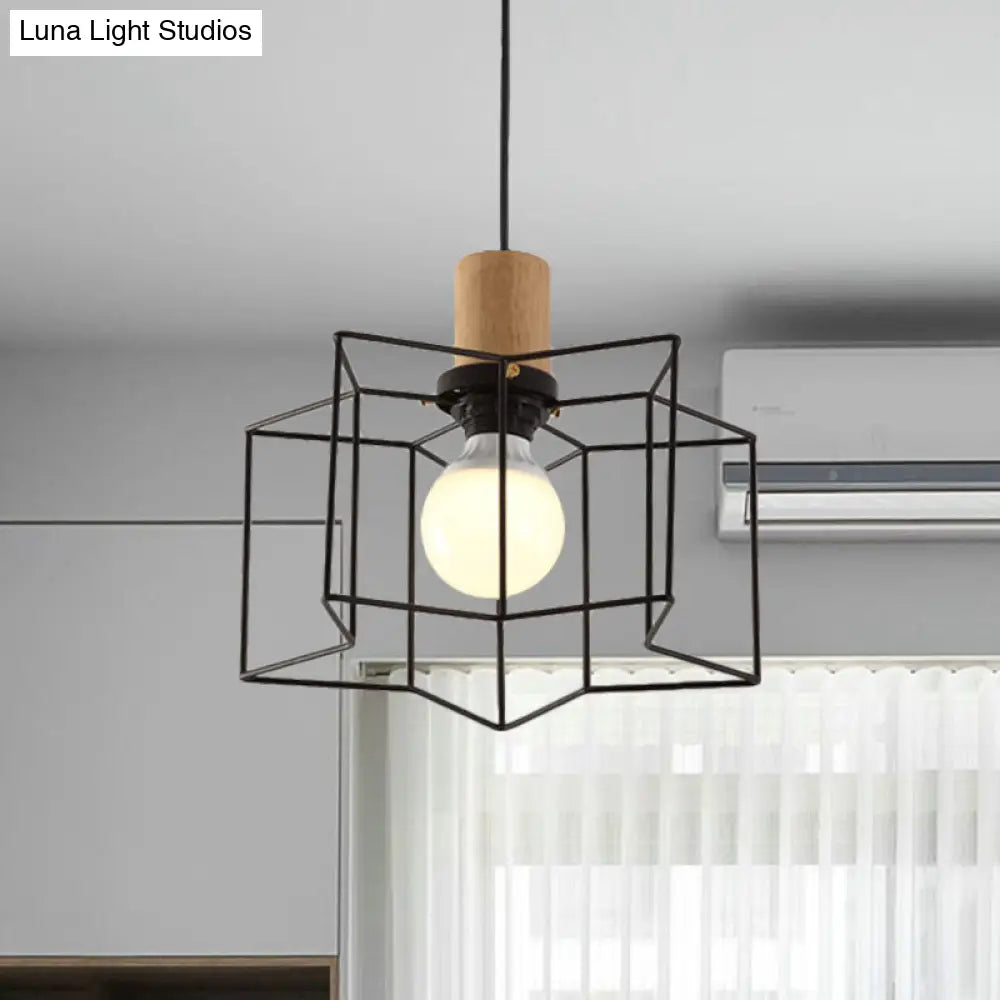 Industrial Retro Hanging Fixture - 1 Head Metal/Wood Ceiling Light with Cage Shade, Black