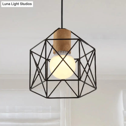 Industrial Retro Hanging Fixture - 1 Head Metal/Wood Ceiling Light with Cage Shade, Black