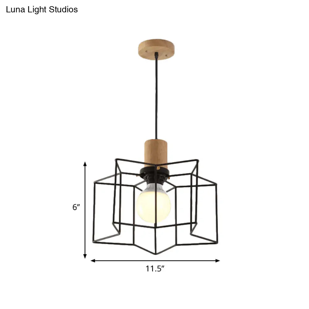 Industrial Retro Hanging Fixture - 1 Head Metal/Wood Ceiling Light with Cage Shade, Black