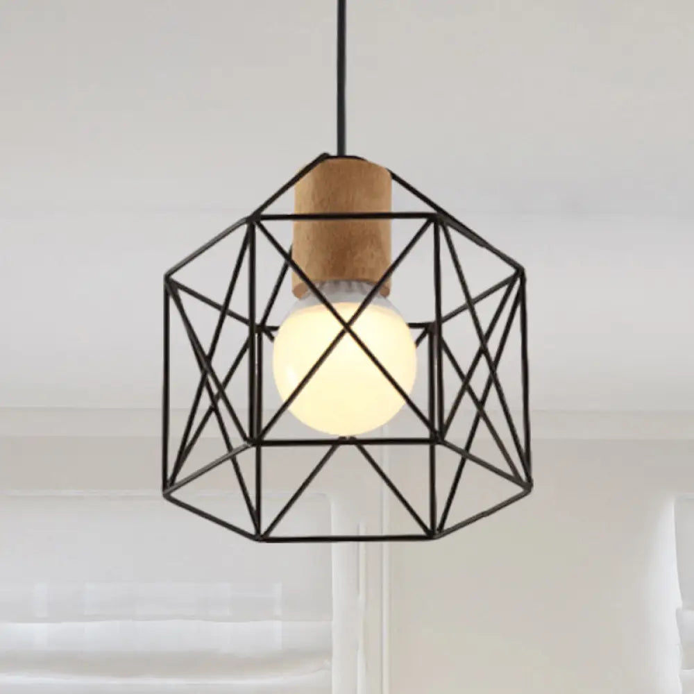 Industrial Retro Hanging Fixture - 1 Head Metal/Wood Ceiling Light with Cage Shade, Black