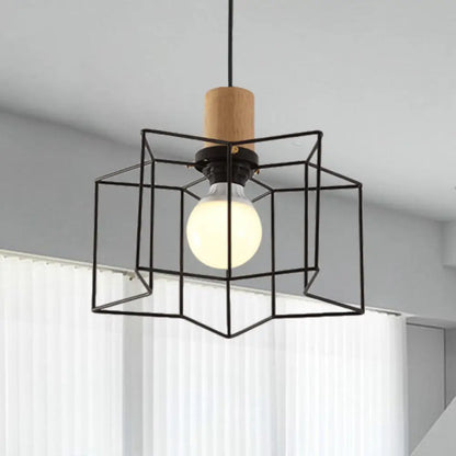 Industrial Retro Hanging Fixture - 1 Head Metal/Wood Ceiling Light with Cage Shade, Black