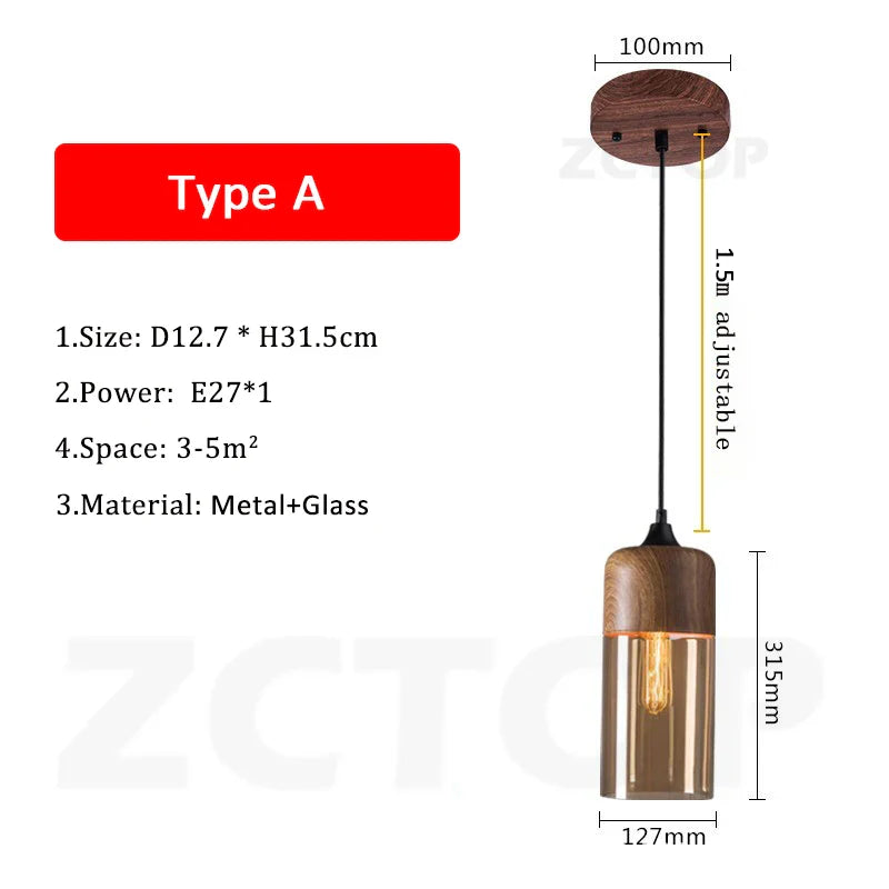 A modern industrial retro led pendant light with dark wood top and glass body featuring exposed edison bulb for dining room