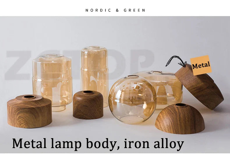 Industrial retro led pendant light with wooden and glass shades natural wood grain iron alloy base for dining room light source