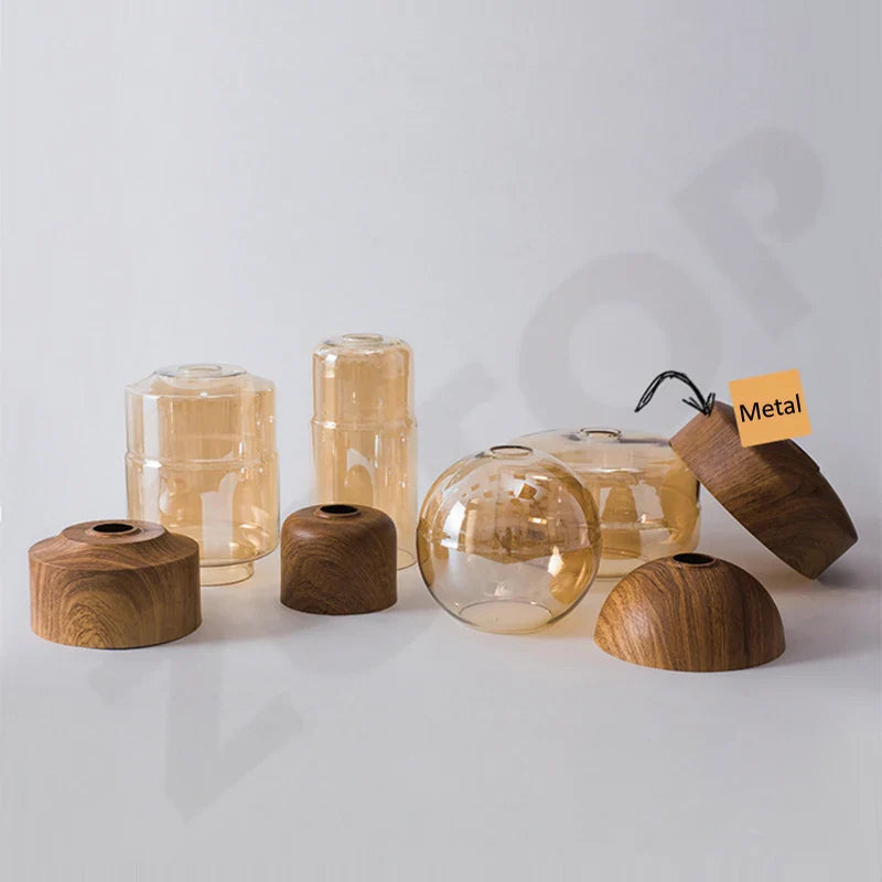 Industrial retro led pendant light with warm amber glass shades and wooden bases for dining room light source