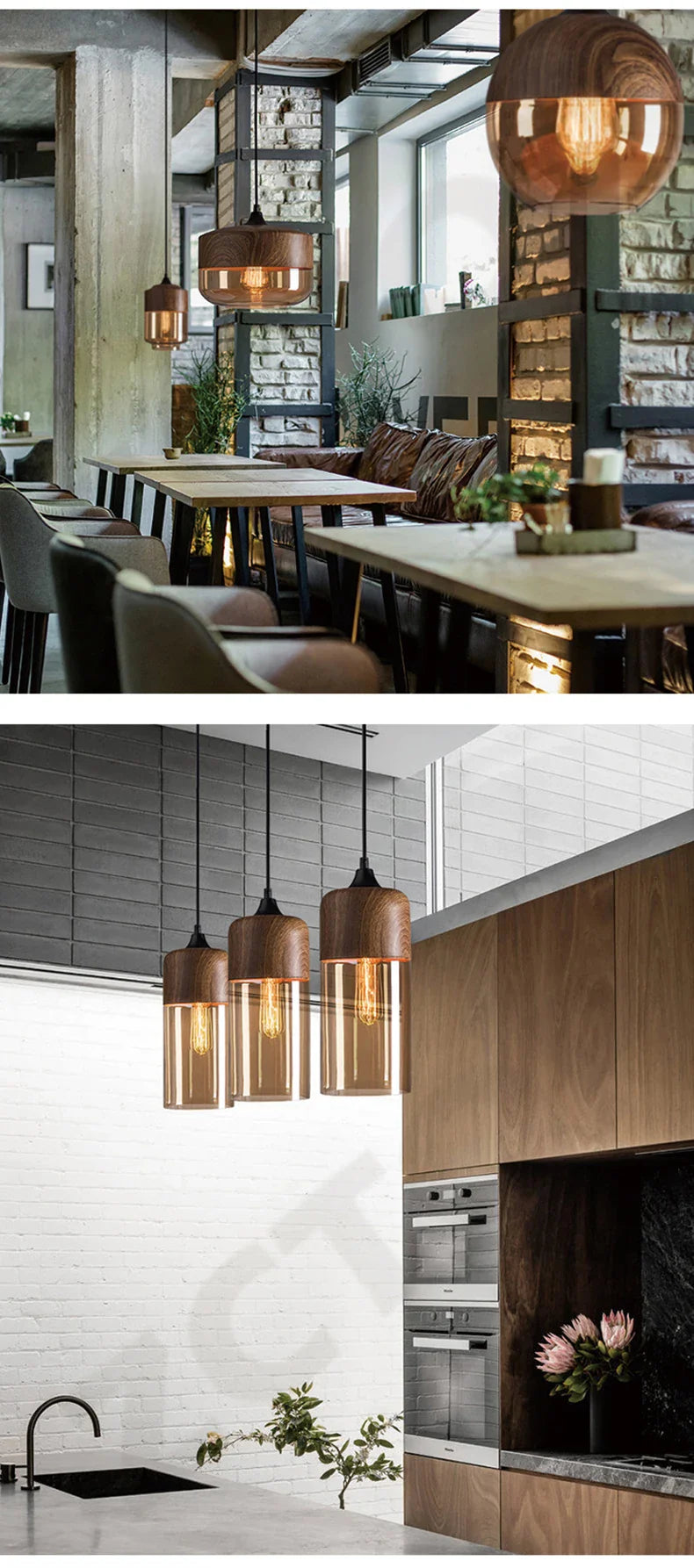 Copper-finished industrial retro led pendant light with clear glass shades and exposed filament bulbs for dining room light source