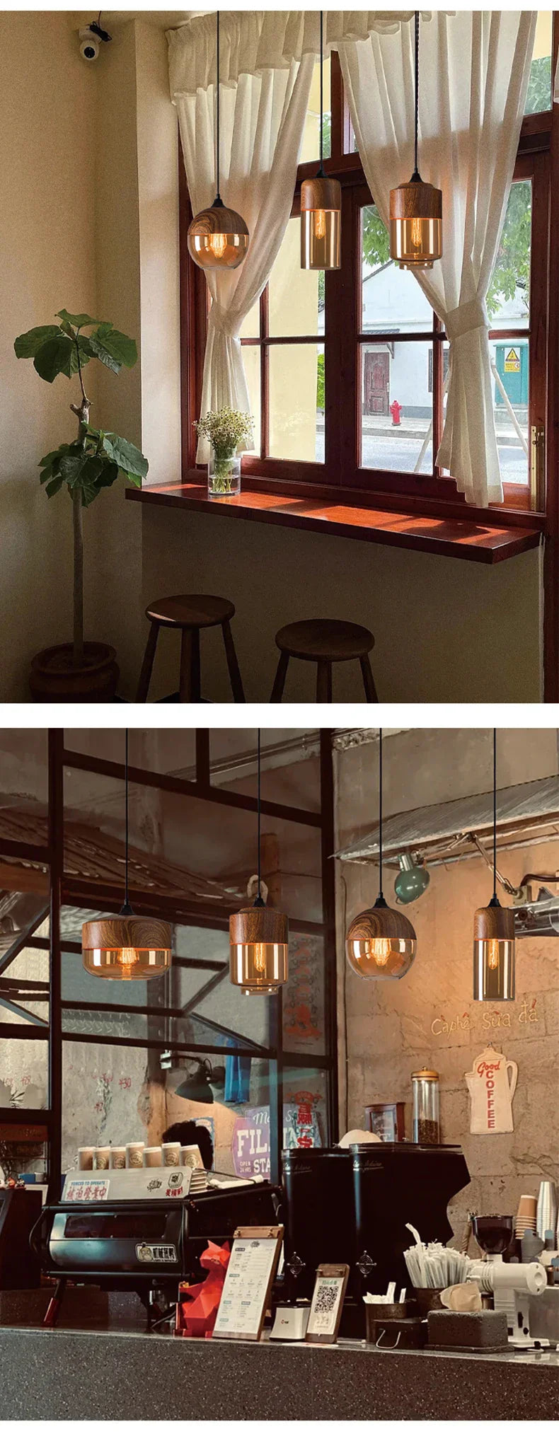 Warm brass industrial retro led pendant light with glass shades as light source in dining room and café ceiling decor